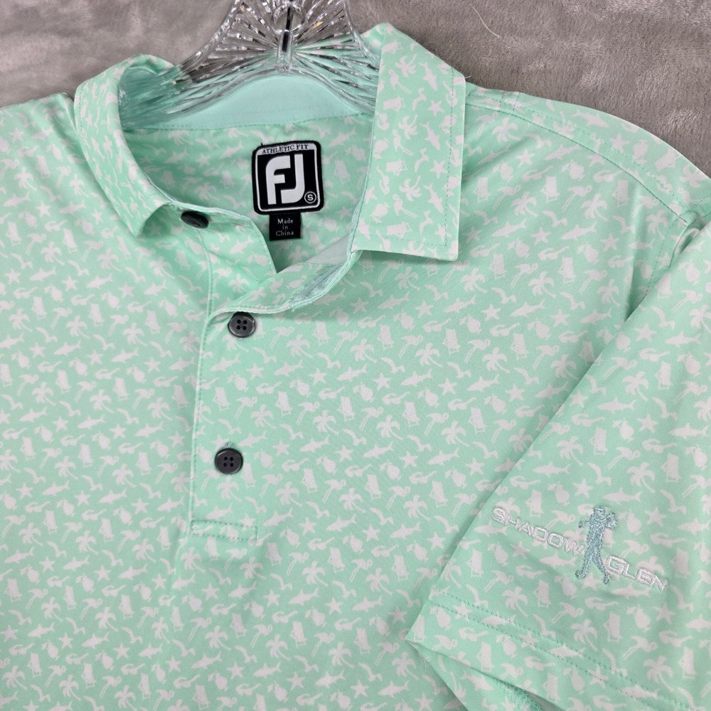 FootJoy Golf Polo Shirt Mens Small Green Tropical Palm Tree Flamingo Athletic